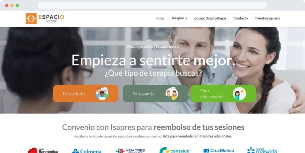Sitio web de psicologia online Espacio Sereno desarrollado por Valontano