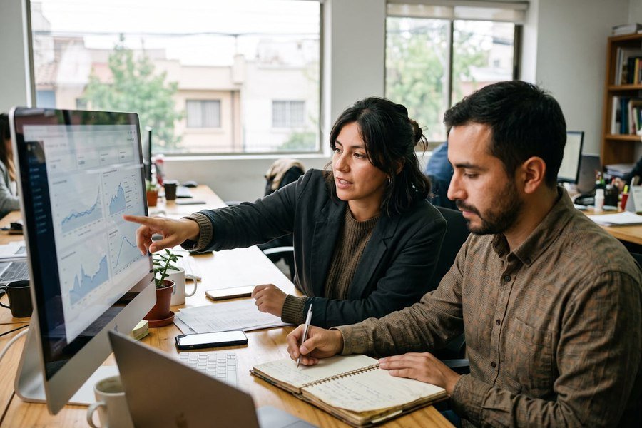 Dos profesionales revisando en pantalla los resultados de una campaña de Google Ads