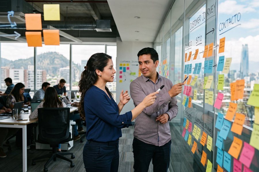 Dos profesionales ordenando en un muro el recorrido del cliente: anuncio, sitio y contacto