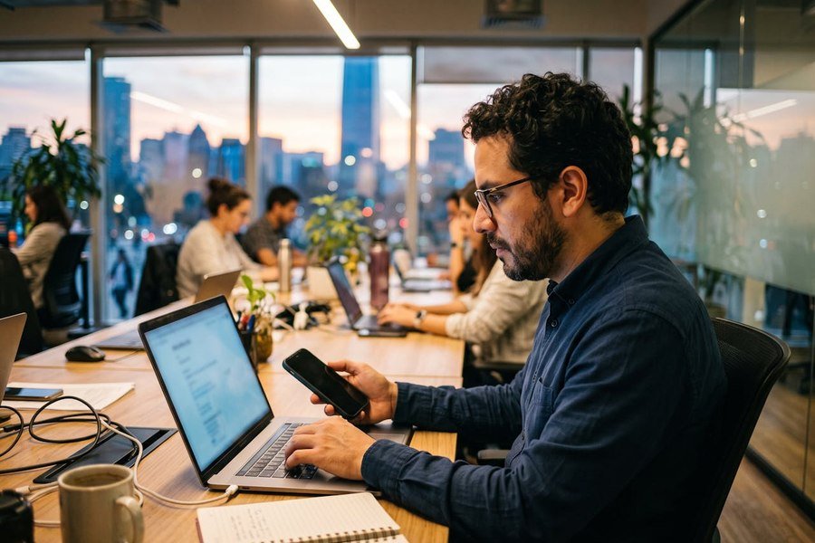 Profesional consultando un asistente de inteligencia artificial desde su notebook